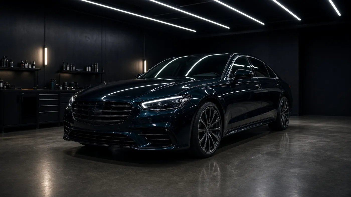 Sedã premium após ceramic coating em estúdio de detailing