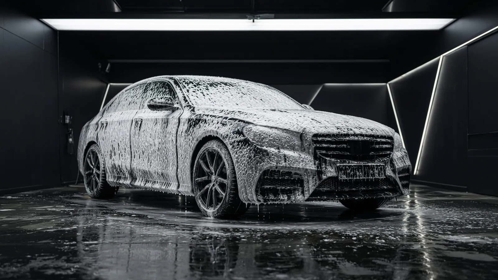 Snow foam cobrindo um sedã em estúdio de detailing